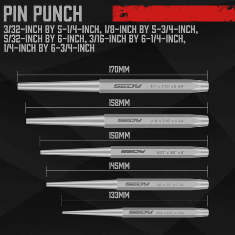 Set of pin punches from the 16 Piece Precision Punch And Chisel Set With Taper Punch Pin Punch Center Punch Cold Chisels And Gauge.