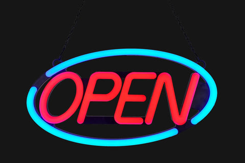 Ultra Bright LED Neon Open Sign 24x12 Inches With Remote Control For Your Biz Get Your Shop Seen Day Or Night Visibility Up To 400 Feet Energy Efficient Blue And Red Tube Sign With Chains And 5ft Power Cord