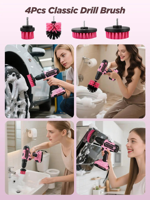 Pink Cordless Drill Kit With 220 Pieces 21V Power Drill And Tool Set For Women Includes Magnetic Wristband Screwdriver Set Socket Kit Carry Bag And More For DIY Home Projects being used with classic brush heads for cleaning various surfaces.