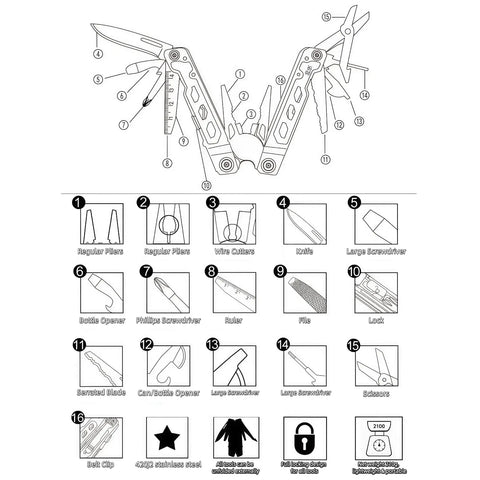 Diagram of Sixteen-In-One 420 Stainless Steel Multitool Pliers With Full Locking Safety, Belt Clip And Nylon Pouch, features labeled.