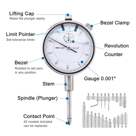 Dial Indicator With Magnetic Base 0 To 1.0 Inch Range 0.001 Inch Precision Long Arm With Fine Adjustment components labeled
