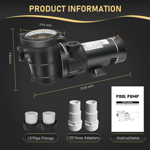 Above Ground Pool Pump 1.5HP 115V With On Off Switch, includes 1.25 inch hose adapter, 1.5 inch pipe fittings, and instructions