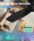 42 Inch Flush Mount Ceiling Fan With Slick Black And Warm Wood Blades Super Quiet Dc Motor Six Speed Reversible Airflow Killer Dimmable LED Light Remote For Bedroom Living Room Office Effortless Cooling Setup Hassle Free Install Modern Fresh Vibe in a cozy living room.