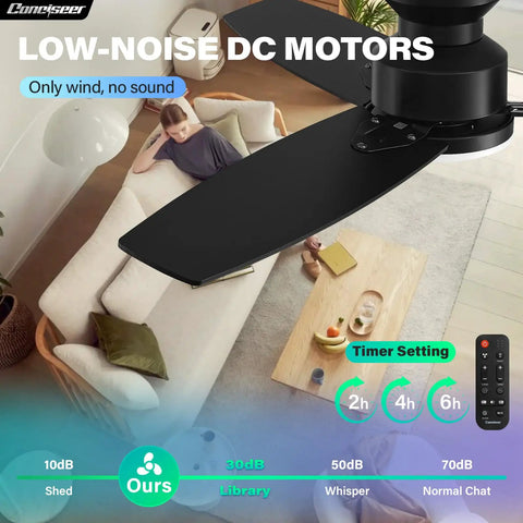 42 Inch Flush Mount Ceiling Fan With Slick Black And Warm Wood Blades Super Quiet Dc Motor Six Speed Reversible Airflow Killer Dimmable LED Light Remote For Bedroom Living Room Office Effortless Cooling Setup Hassle Free Install Modern Fresh Vibe in a cozy living room.