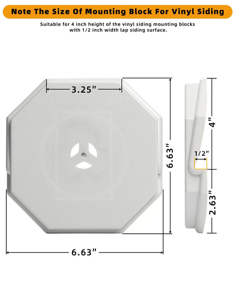 Vinyl Siding Mounting Block For Exterior Fixtures Like Lights Cameras Flags And Doorbells Easy Setup No Fuss Octagon Block With One Half Inch Lap Mount And Four Inch Height White One Pack Durable Mounting Plate For Siding Projects, 6.63 in