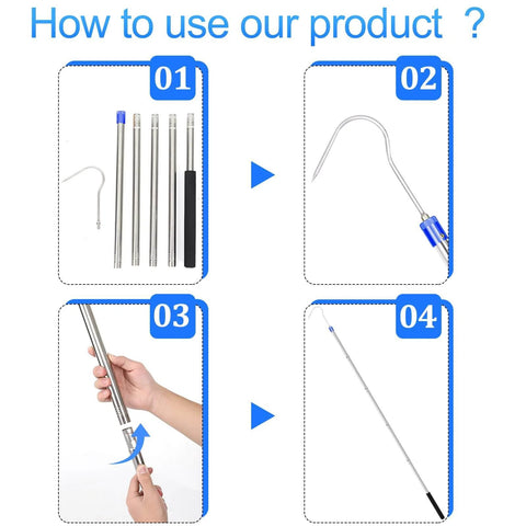 Assembly guide for 74 Inch Adjustable Truck Bed Reach Tool with Stainless Steel Construction Foam Handle and Long Hooks.