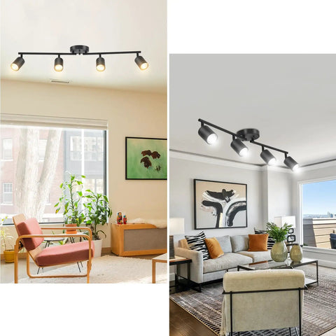Installed Matte Black 4 Light Track Lighting Kit with adjustable heads in living room, modern decor, no bulbs included.