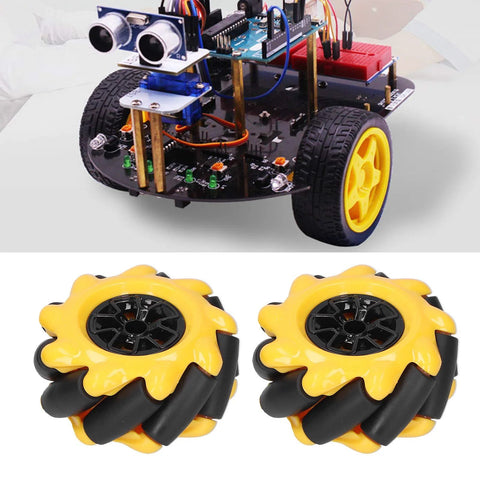 Mecanum wheel set, 60mm ABS yellow wheels with black rollers for omnidirectional DIY robot car (two pairs)