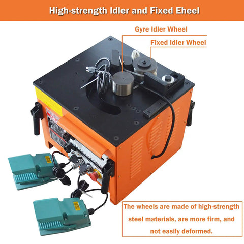 Heavy Duty Electric Rebar Bender Machine 1700W Workhorse showing dual foot pedals and high-strength idler wheels for precise bends.