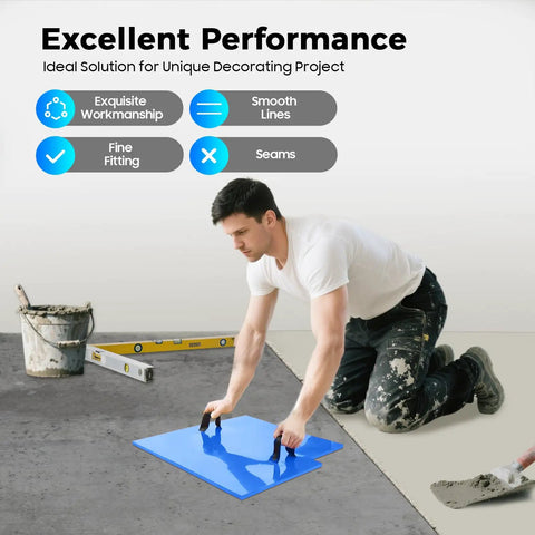 Person using 4 Piece Concrete Stamps Mats Set 24x24 With Handle Realistic Texture Mats For Walls Floors And Patios Durable PU Material For DIY Concrete Stone Look Finish on cement floor.