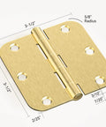 Built Tough Satin Brass Door Hinges 12 Pack 3 1/2 Inch Solid Iron with rounded corners and pre-drilled holes for easy installation.