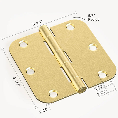 Built Tough Satin Brass Door Hinges 12 Pack 3 1/2 Inch Solid Iron with rounded corners and pre-drilled holes for easy installation.