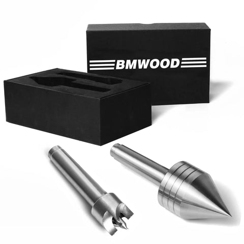 Wood Lathe MT2 Centers Set With Live Center Five Eighths Inch Diameter And Four Pronged Drive Center One Inch Diameter Includes Black Storage Box