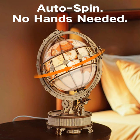 Luminous 3D Puzzle Globe Kit With USB Rotation Wooden Globe Craft For Adults And Teens 5 Hour Assembly Challenge on desk