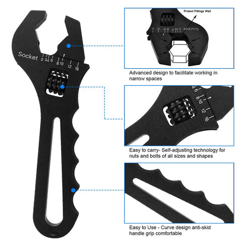 Adjustable Aluminum Fitting Wrench For AN Hose Fittings 3AN Through 16AN, black with measurement gauge, featuring ergonomic grip