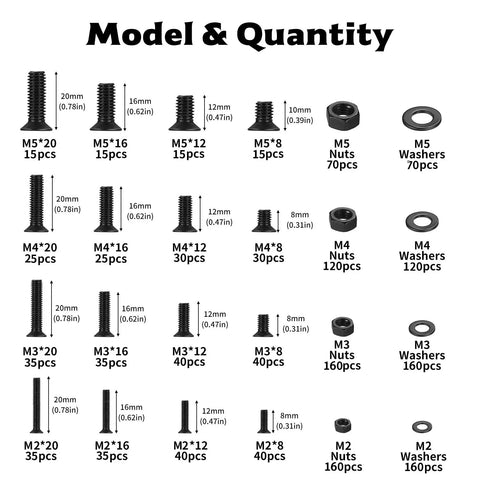Assorted pack of M2 To M5 Screws And Nuts Kit With Washers Black Phillips Countersunk Flathead, showing sizes and quantities.