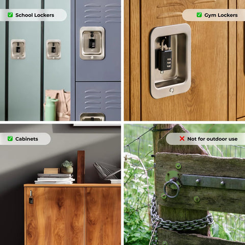 Master Lock black 3-digit combination padlock installed on metal gym locker
