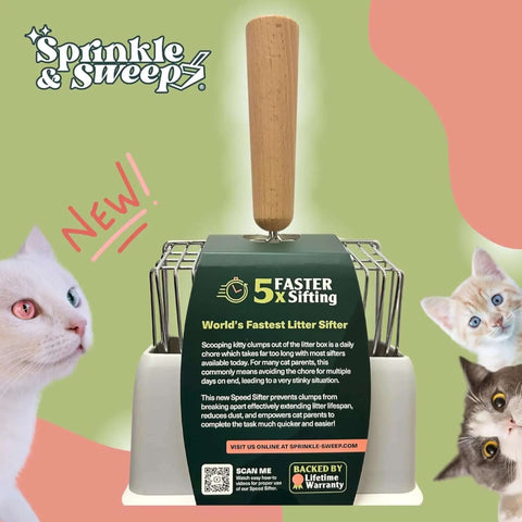 5X Faster No Shake Metal Cat Litter Scoop With Stainless Steel Sifting Design And Holder, four cats, and new label