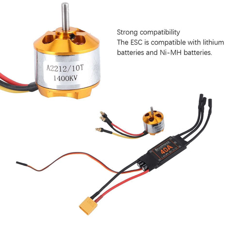 Beefy 2212 KV1400 Brushless Motors With 40A ESC for RC aircraft and drones, showing motor and XT60 compatible speed controller.