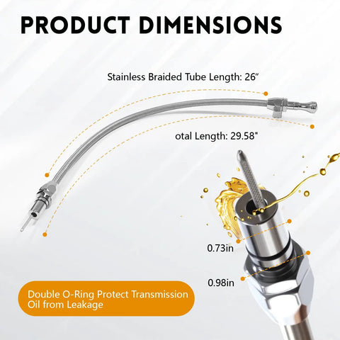 Firewall Mounted Transmission Dipstick For TH350 And TH400 With Stainless Braided Hose and dimensions shown