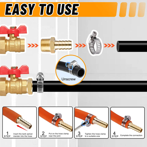 Step-by-step plumbing repair with Brass Hose Barb Fittings Kit With Splicer Mender 3/16 1/4 5/16 3/8 1/2 5/8 Inch Barbed To NPT Adapters And 1/4 Inch Barbed To 1/4 Inch NPT Male Plus 96 Pipe Hose Clamps 48 PCS Fittings Bundle For Quick Plumbing Repair instructions