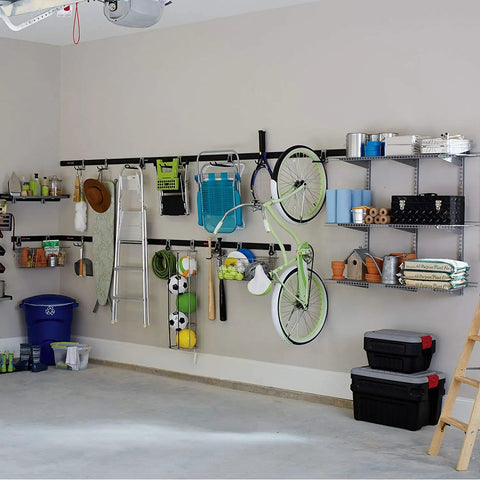 Powder Coated Metal FastTrack Garage Hooks Set Universal Hanging Organizer for ladders, tools, ropes, hoses, and bikes in use