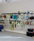 Heavy Duty Garage Bike Storage Hook Set Vertical Wall Mount Rack For Bicycles Up To 50 Lbs installed with items organized on rails