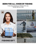 Front view of Sidomma fishing gift set: smiling woman holding a blue gift box; collage of saltwater, ice, freshwater, and fly fishing.