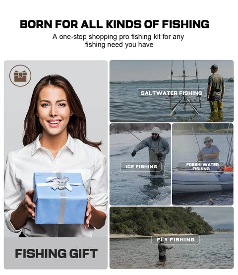Front view of Sidomma fishing gift set: smiling woman holding a blue gift box; collage of saltwater, ice, freshwater, and fly fishing.