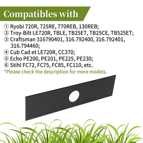 Two Pack 613223 Edger Blades Compatible With Seven And A Half Inch Edgers Replacement Blades For String Trimmer Attachments Heavy Duty Yard Work Ready To Go, showing a 7.5-inch steel blade with fitment guide for various trimmer brands.