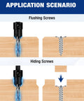 Countersink drill bit in use on wood, showing flush seating of a screw