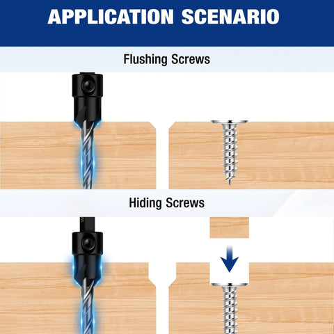 Countersink drill bit in use on wood, showing flush seating of a screw
