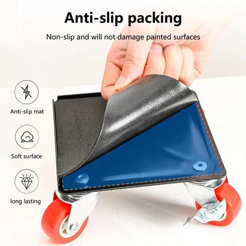 Close-up of anti-slip mat on heavy duty furniture dolly for moving large furniture and appliances with five 360 degree rotating rubber wheels