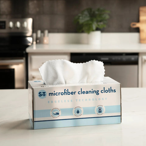 Box of S&T microfiber cleaning cloths, white, 50-count, 11.8x11.8 inches, 190gsm