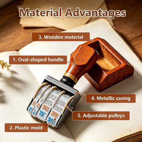 Dope Self Inking Roller Date Stamp Featuring Adjustable Day Month And Year Settings From 2025 To 2036 With A Solid Storage Base for showing materials and features.