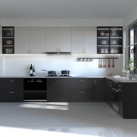Modern kitchen with black and white cabinets featuring 10 Pack Champagne Bronze Zinc Alloy Cabinet Knobs Set For Kitchen And Bathroom.