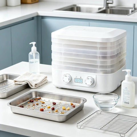 Sleek Digital Food Dehydrator With Adjustable Temperature And Timer For Fruits Veggies Meat Heavy Duty Electric Dryer setup on kitchen counter.