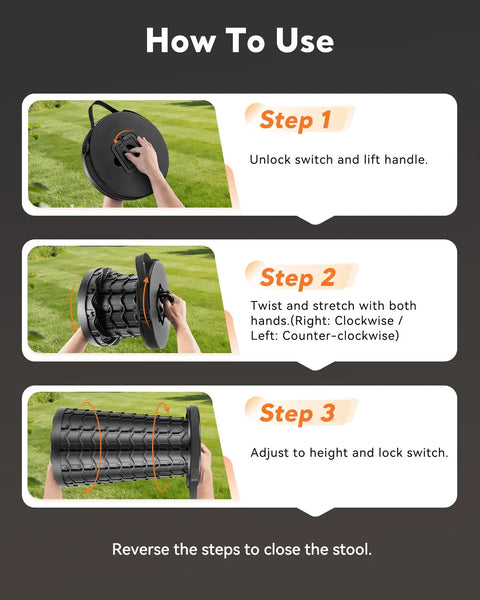 Step-by-step guide for Heavy Duty Portable Collapsible Stool With Wide Seat setup featuring safety lock and non-slip feet.
