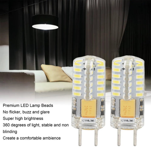 Top Tier 12V GY6.35 Bi Pin Led Bulb 3W 48 Smd Chips Cool White 6000K Energy Saving Crystal Chandelier Lighting 2 Pack showcasing clear design and bright LED placement.