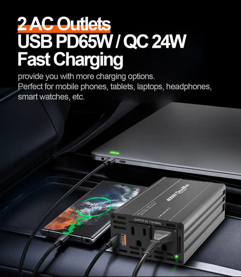 Road Warrior 400W Car Power Inverter 12V To 110V AC Adapter With 65W USB C Fast Charging Port For Laptops Phones Tablets Family Road Trip Must Have Gear on a car console with charging devices.