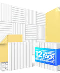 Heavy Duty Sound Proof Foam Panels For Walls Self Adhesive Acoustic Tiles 12x12x0.4 inch in 12-pack, displaying installation and coverage.