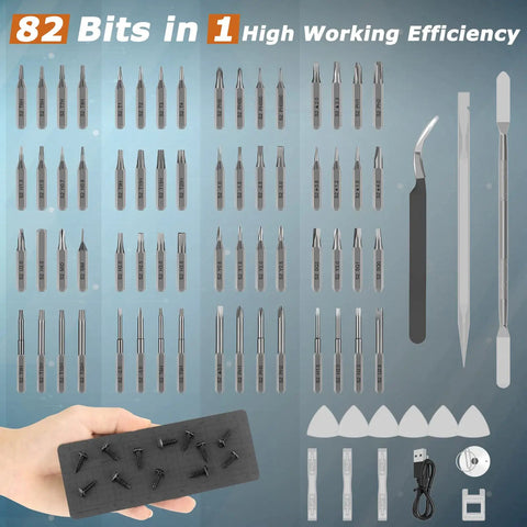 82 In 1 Precision Electric Screwdriver Set, Rechargeable Cordless Tool Kit With LED Lights, Magnetic 64 Bit Kit, tools displayed