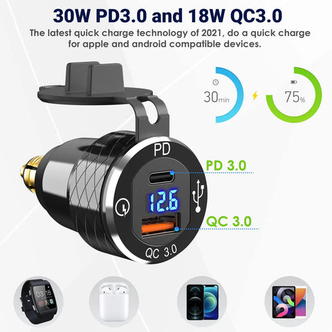No Sweat Setup Usb C 30W PD3.0 Fast Charger For 12V To 24V European Motorcycles Hella Din Slot Converter close-up with display