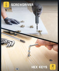 Top Shelf All In One Electric Screwdriver Rig With Claw Hammer Combo Wrench Long Nose Pliers Flexible Tape Measure Utility Knife Plus Assorted Bits And Hex Keys For Serious Weekend Warrior Builders using screwdriver and hex keys during assembly.