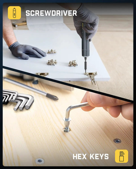 Top Shelf All In One Electric Screwdriver Rig With Claw Hammer Combo Wrench Long Nose Pliers Flexible Tape Measure Utility Knife Plus Assorted Bits And Hex Keys For Serious Weekend Warrior Builders using screwdriver and hex keys during assembly.