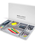 Deluxe Drawer Organizer Set For Home Office And Bathroom, multi-purpose gray felt storage bins with stationery items displayed