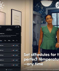 Smart Thermostat For Home Heating And Cooling, ENERGY STAR Certified, Wi Fi Programmable Thermostat displayed on app in living area.