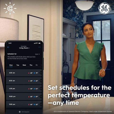 Smart Thermostat For Home Heating And Cooling, ENERGY STAR Certified, Wi Fi Programmable Thermostat displayed on app in living area.