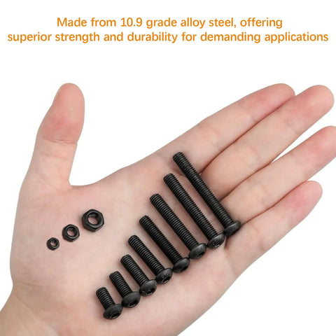 Hand holding bolts and nuts from Extensive 439 Piece Metric Bolt and Nut Kit With M3 M4 M5 Screws Lock and Flat Washers Pro Grade 10.9 Alloy Steel.