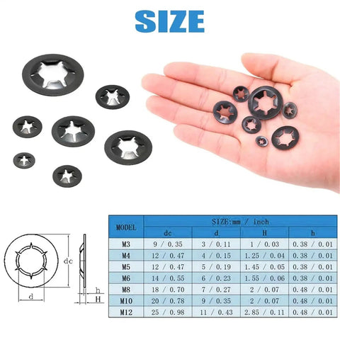 Hand showing sizes of Internal Tooth Lock Washers And Push-On Locking Washers Kit With Speed Clips And Star Fasteners, M3 to M12.